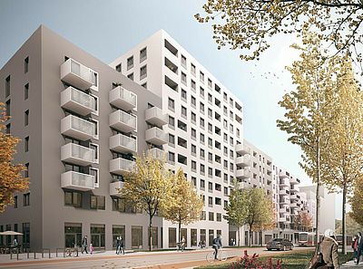 Rendering eines modernen Wohnhochhauses in hellen Farben