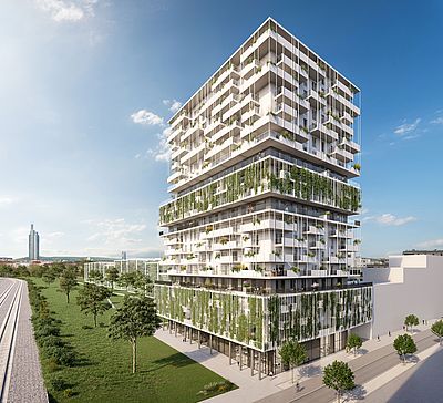Rendering eines Wohnhochhauses mit begrünter Fassade