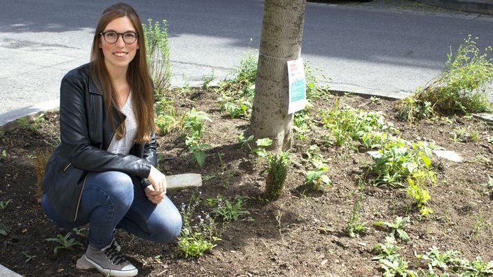 bepflanzte Baumscheibe mit einer sitzenden Damen im Vordergrund