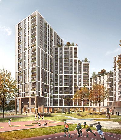 Rendering eines modernen Wohnhochhauses