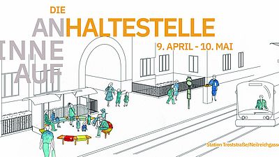 Grafik Anhaltestelle, Schriftzug, Menschen Station und Bim