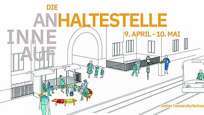 Grafik Anhaltestelle, Schriftzug, Menschen Station und Bim