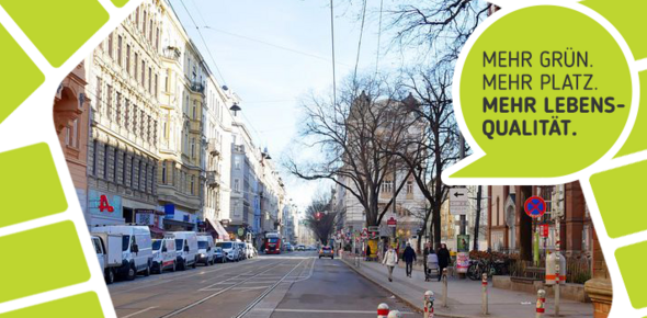 Straßenzug der Lerchenfelder Straße, einige PKWs und Fußgänger sind zu sehen