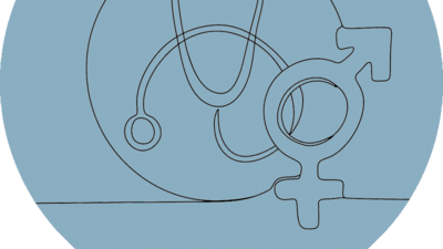 Blauer Kreis, darin eine Illustration mit schwarzer Linienführung von einem Stehtoskop und dem Verbundenen Gendersymbol für Mann und Frau.
