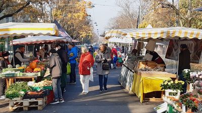 Menschen beim Einkaufen an Marktständen bei herbstlichem Sonnenschein