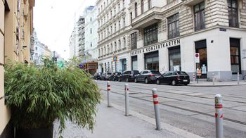 Blick auf die Straße vom Gehsteig aus, im Vordergrund ein mit Bambus bepflanzter Trog