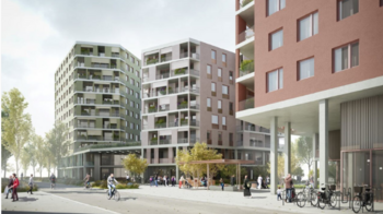 Ein Architekturrendering zeigt einen Teil des neuen Stadtviertels