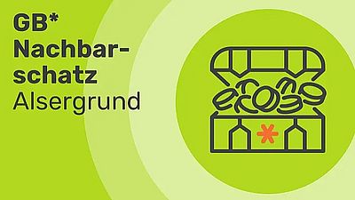 Piktogramm einer Schatzkiste, Text: GB*Nachbarschatz Alsergrund