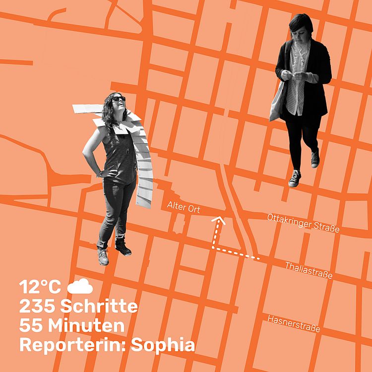 Ein orange eingefärbter Ausschnitt einer Karte, darauf 2 Fotos Personen als Scherenschnitte und ein weiß strichliert eingezeichneter Weg sowie Angaben über Schrittanzahl , Temperatur (12 C) und Reporterin (Sophia)