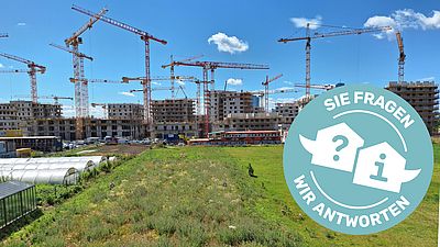 Das Quartier An der Schanze während der Bauphase. Viele Kräne und Rohbauten der ersten Wohngebäude.