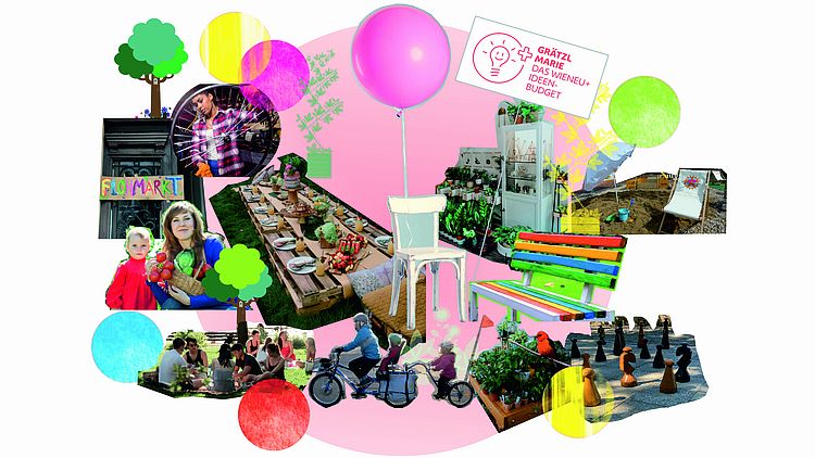 Collage mit Flohmarkt, Picknick, Radfahrer*innen, Schachspiel, Liegestuhl im Sand, Parkbank und Topfpflanzen