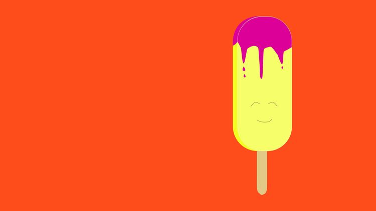 Illustration von einem gelben, schmelzenden Eis am Stiel vorm GB*-Orange als Hintergrundfarbe