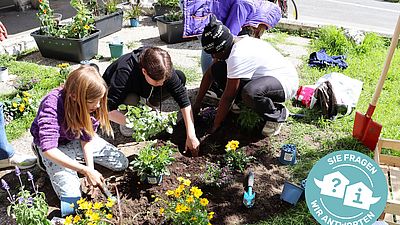 drei junge Personen pflanzen Blumen und grüne Pflanzen in die Erde