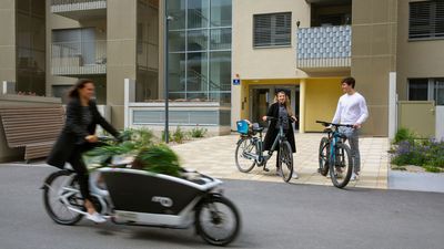 Eine Frau mit Lastenard, dahinter zwei Männer mit E-Bikes