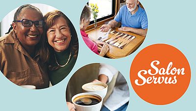 Teaserbild mit drei Bildkreisen: Menschen beim Spielen, zwei Kaffeetassen und zwei Frauen Seite an Seite.