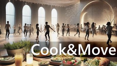 Menschen tanzen in einem Raum. Im Vordergrund ist ein Buffet mit tollen Köstlichkeiten zu sehen.
