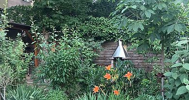 Begrünter Innenhof mit Sitzbank