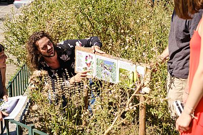 Biologe Florian Etl zeigt in einer Baumscheibe auf eine Infotafel