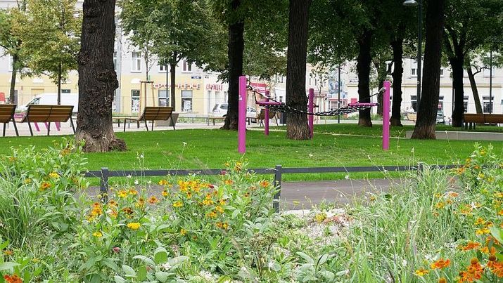 Blick in den neu gestalteten Johann-Nepomuk-Berger-Platz. Im Vordergrund eine Blumenwiese, im Hintergrund eine saftig grüne Rasenfläche, zwischen den Bäumen eine knallpinke Hängematte.