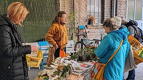 Menschen reden miteinander und begutachten Pflänzchen