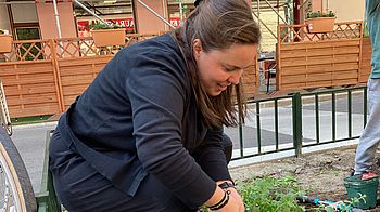 Frau setzt in einer Baumscheibe eine Pflanze ein.