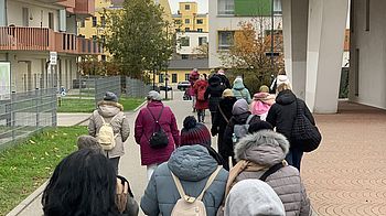 Viele Menschen von hinten aufgenommen, die warm eingepackt durch ein Neubaugebiet spazieren.