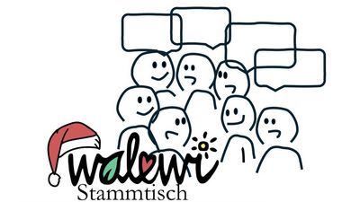 Illustration von Personen mit Sprechblase; links unten der Schriftzug von WaLeWi mit einer Weihnachtsmütze geschmückt.