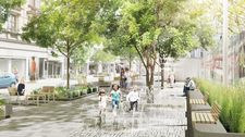 Rendering eines öffentlichen Platzes mit viel Grün und Wasserspiel