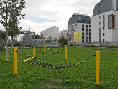 Grüne Wiese, darauf gelbe Hängematten