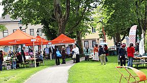 Park mit orangenen Schirmen und Personen