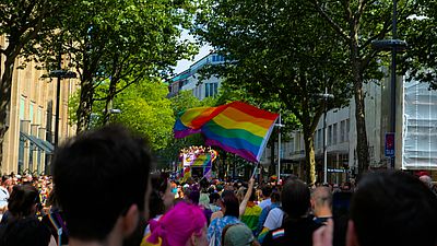Menschenumzug mit Regenbogenflaggen auf einer von Bäumen gesäumten Straße.