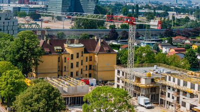 Baustelle Neu Leopoldau Bild von oben auf den neuen Stadtteil Neu Leopoldau