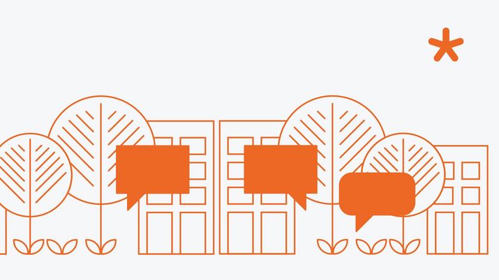 Grätzelforum Grafik in orangen Linien: Häuser, Bäume und Sprechblasen