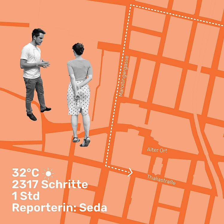 Orange eingefärbter Kartenauschnitt aus Ottakring. Eingezeichnet ist der Weg den die Reportein zum Friseur gegangen ist.