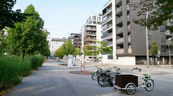 Neue Wohngebäude, ein Autofreier Weg und ein grüner Park, im Vordergrund parkt ein Lastenfahrrad