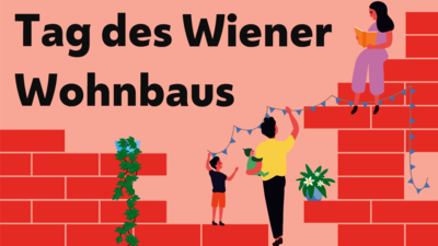 Grafik von gezeichneten Menschen zum Tag des Wiener Wohnbaus