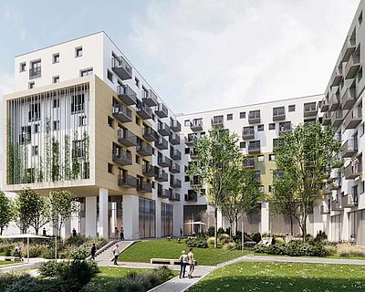 Das Green Cube Wohnhaus der STRABAG Real Estate im Nordbahnviertel