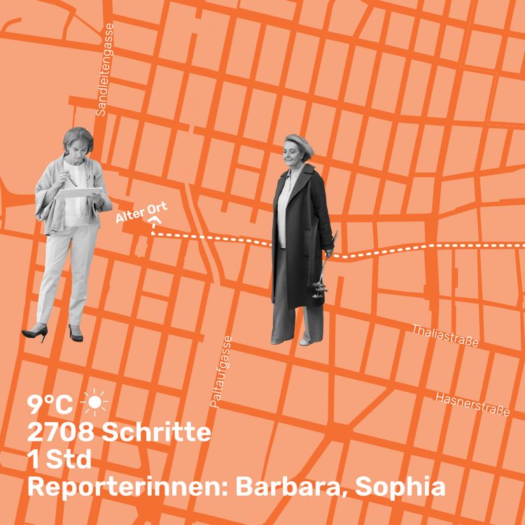 Das Bild zeigt eine stilisierte Stadtkarte in orangefarbener Gestaltung mit weißen Straßenlinien. Zwei Frauen, dargestellt in Schwarz-Weiß-Fotografien, stehen an verschiedenen Punkten auf der Karte. Eine gestrichelte Linie verbindet die beiden Figuren und symbolisiert eine zurückgelegte Strecke.      Links: Eine Frau (beschriftet mit "Barbara") steht in einem formellen Outfit, hält ein Klemmbrett und macht sich offenbar Notizen.     Rechts: Eine andere Frau (beschriftet mit "Sophia") trägt einen Mantel, hält ein Blumengesteck in der Hand und wirkt entspannt.     Kartenbeschriftung: Orte wie „Alter Ort“, „Thaliastraße“, „Paltaugasse“, „Sandleitengasse“ und „Hasnerstraße“ sind vermerkt.     Statistiken unten:         Wetter: „9°C, sonnig“ (symbolisiert durch eine Sonne).         Zurückgelegte Schritte: „2708 Schritte“.         Zeit: „1 Std“.         Text: „Reporterinnen: Barbara, Sophia“.  Der Hintergrund besteht aus einer monochromen Farbfläche, die durch die kontrastierenden Elemente und klare Schrift leicht lesbar ist.