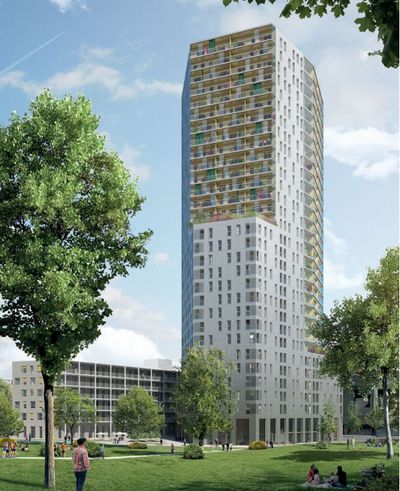 Rendering eines modernen Wohnhochhaus