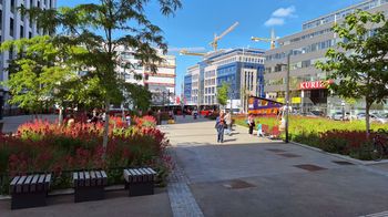Der Leopold-Ungar-Platz mit blühenden Beeten und Personen die sich am Platz befinde. Im Hintergrund befindet sich der GB*Infopoint für das Stadtquartier Muthgasse