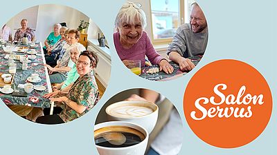 Bildercollage mit Menschen, Kaffeetassen und dem Logo von Salon Servus.