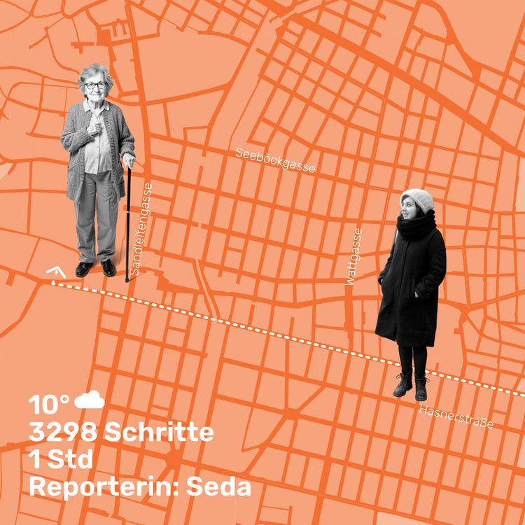 Das Bild zeigt eine stilisierte Stadtkarte von einem teil von Ottakring in kräftigem Orange, auf der Straßen weiß eingezeichnet sind. Zwei Frauen in Schwarz-Weiß sind auf der Karte platziert: Eine ältere Frau mit Brille, Gehstock und lockigen Haaren steht links auf der Karte an der Sandleitengasse. Sie trägt einen gemütlichen Pullover und eine lange Jacke. Rechts auf der Karte, an der Hasnerstraße, steht eine jüngere Frau, die warme Winterkleidung trägt – einen Mantel, Schal, Mütze und Stiefel. Beide sind auf der Karte "positioniert". Eine gestrichelte Linie verbindet die beiden Frauen diagonal durch die Karte, die eine Route darstellt. Zusätzlich sind Wetter- und Schrittdaten am unteren linken Bildrand eingeblendet: •	Temperatur: 10° und eine Wolke •	3298 Schritte •	1 Stunde (wahrscheinlich die Dauer des Spaziergangs) •	Reporterin: Seda