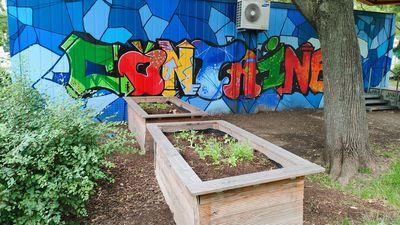 Steinbauerpark mit bunten Graffitis und begrünten Hochbeeten