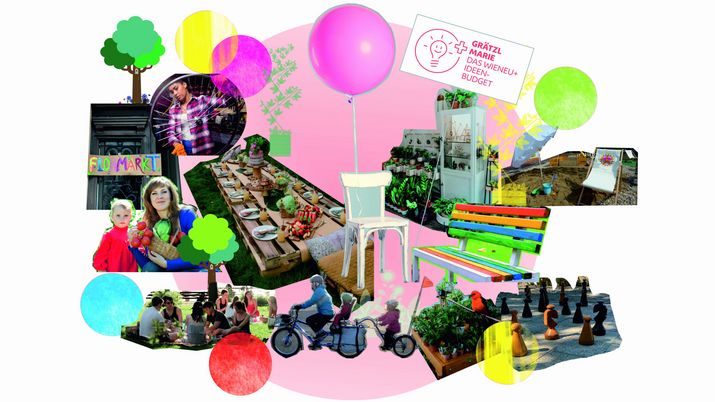 Grätzlmarie WieNeu+ Collage Collage mit Flohmarkt, Picknick, Radfahrer*innen, Schachspiel, Liegestuhl im Sand, Parkbank und Topfpflanzen