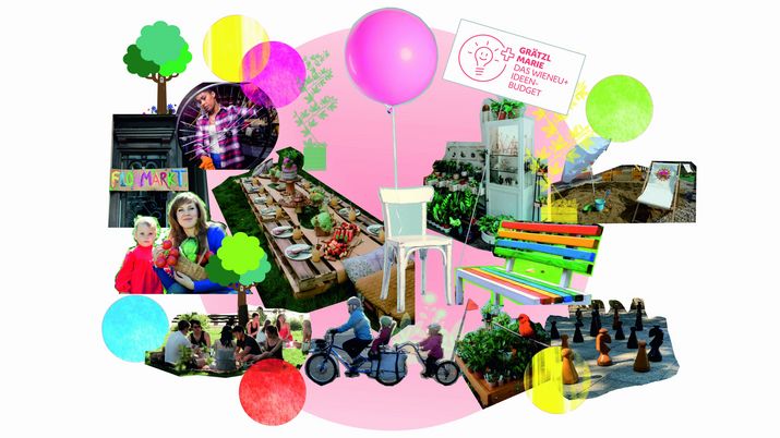 Grätzlmarie WieNeu+ Collage Collage mit Flohmarkt, Picknick, Radfahrer*innen, Schachspiel, Liegestuhl im Sand, Parkbank und Topfpflanzen