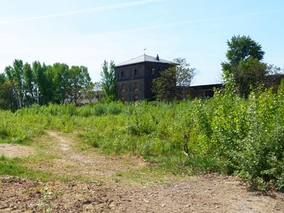 Blick auf eine wilde , bewachsene Schotterfläche, im Hintergrund ein altes Backsteingebäude