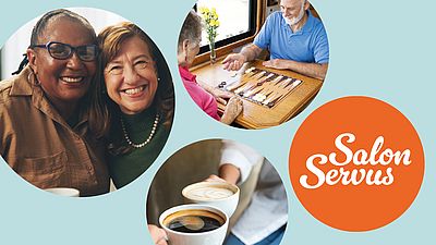 Bildercollage mit Fotos von Kaffee, Menschen und Brettspielen.