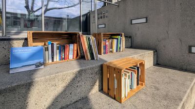 Vor dem GB*Stadtteilmanagement stehen auf den Sitzstiegen drei Holzkisten mit Büchern befüllt.