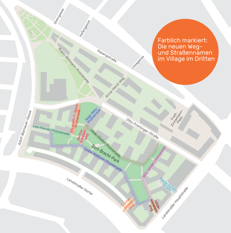 Karte des VILLAGE IM DRITTEN auf dem die aktuell bekannten Straßennamen eingetragen sind.