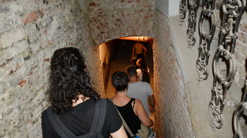 Eine Gruppe Menschen geht eine Treppe zum Keller hinunter.